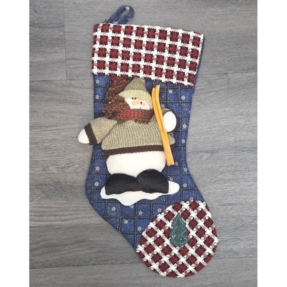 Vintage 3D Plush Skiing Snowman Christmas Stocking Red Plaid Blue Stars 20 Inch